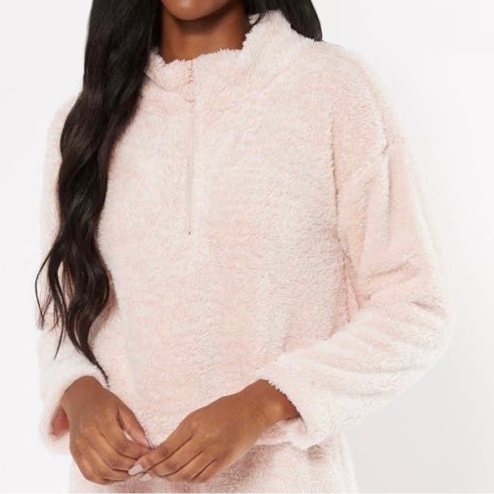 Pastel Pink Cropped Sherpa Fur Sweatshirt Fuzzy Short Jacket Mock Neck Zip Up S